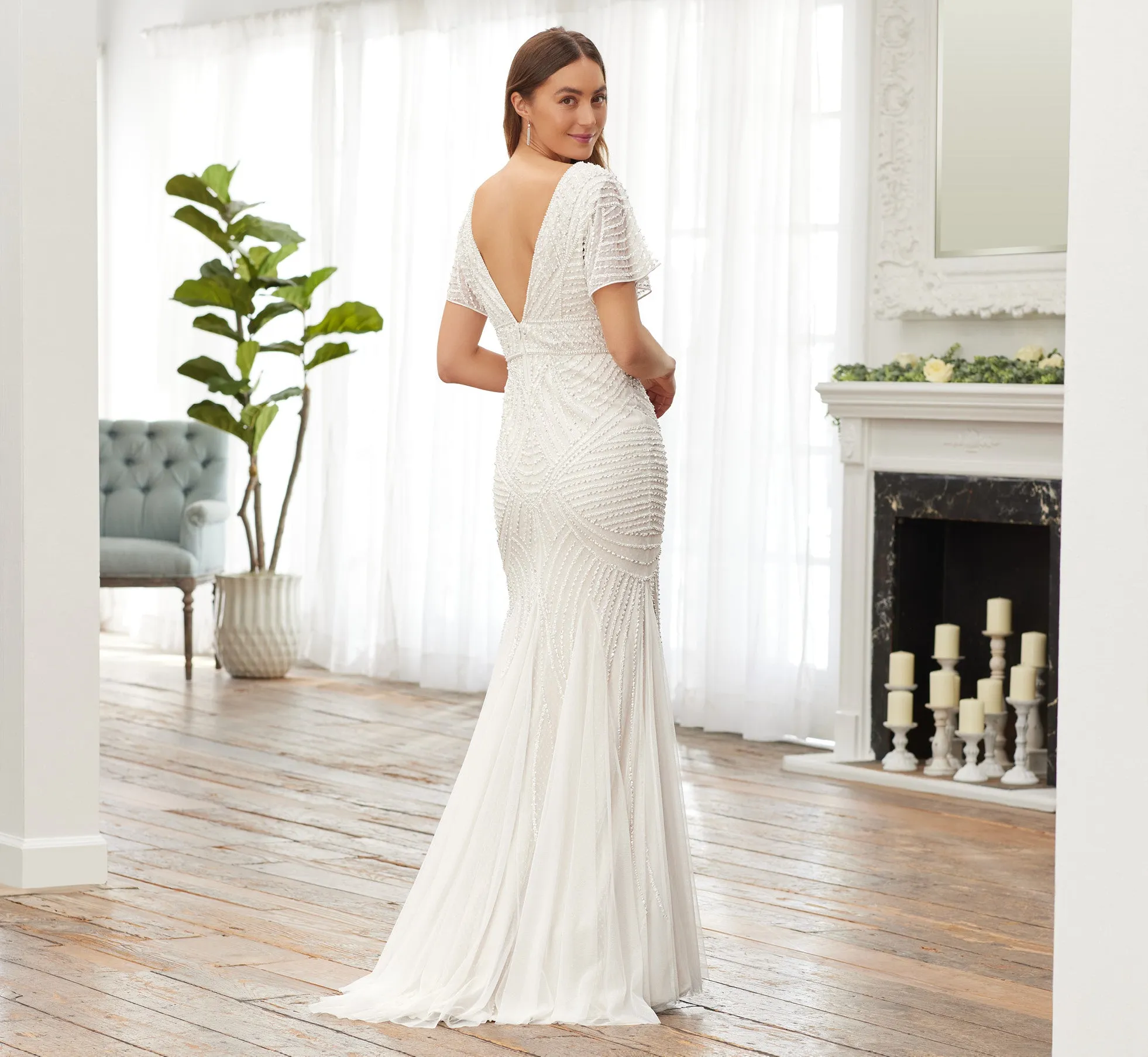 Hand-Beaded And Swiss Dot Fit-And-Flare Gown In Ivory Pearl