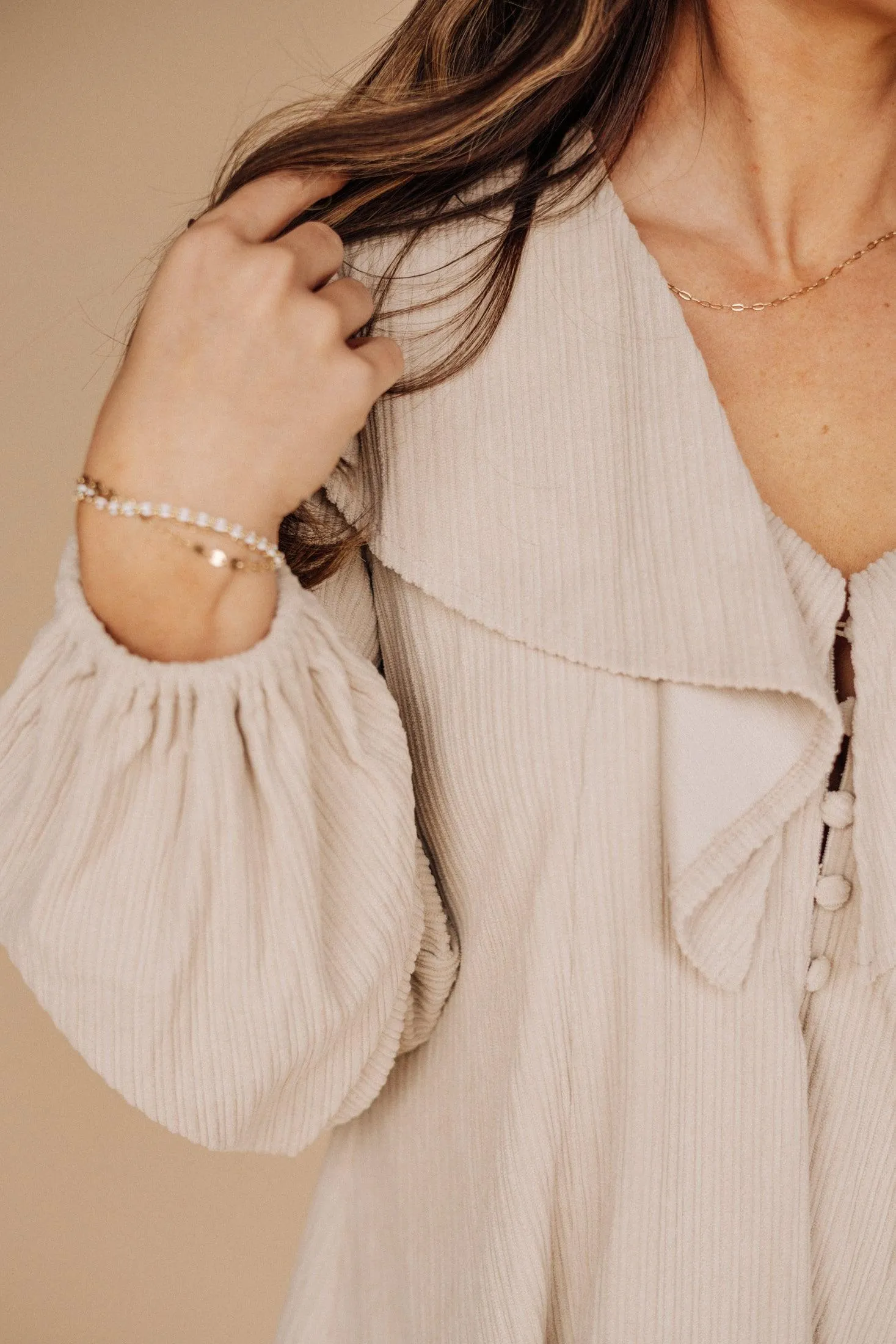 Hart Corduroy Ruffled Puff Sleeve Mini Dress in Taupe