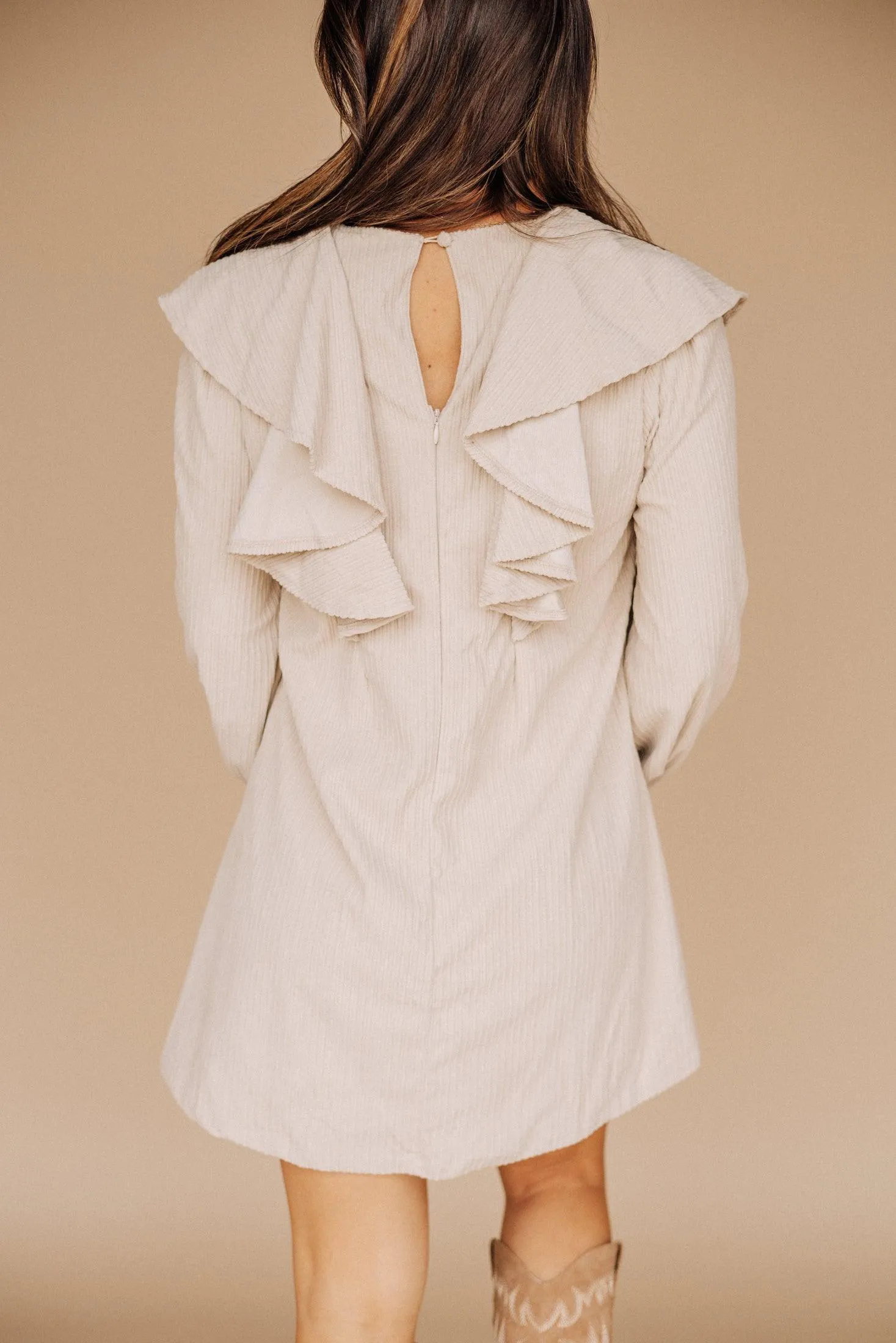 Hart Corduroy Ruffled Puff Sleeve Mini Dress in Taupe