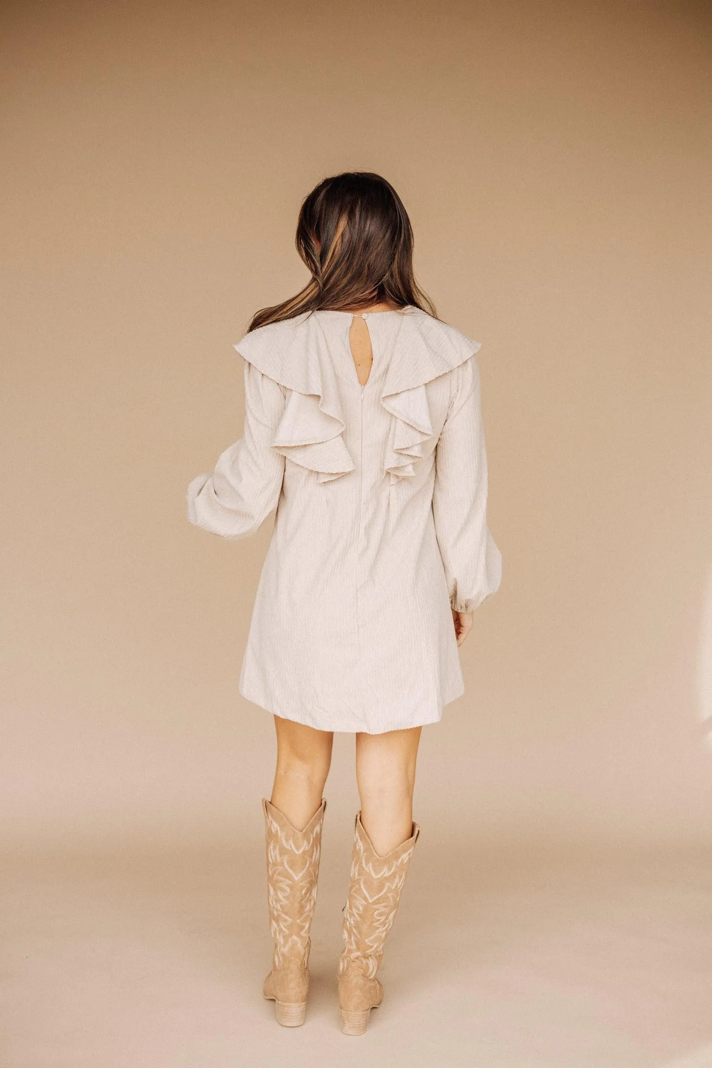 Hart Corduroy Ruffled Puff Sleeve Mini Dress in Taupe