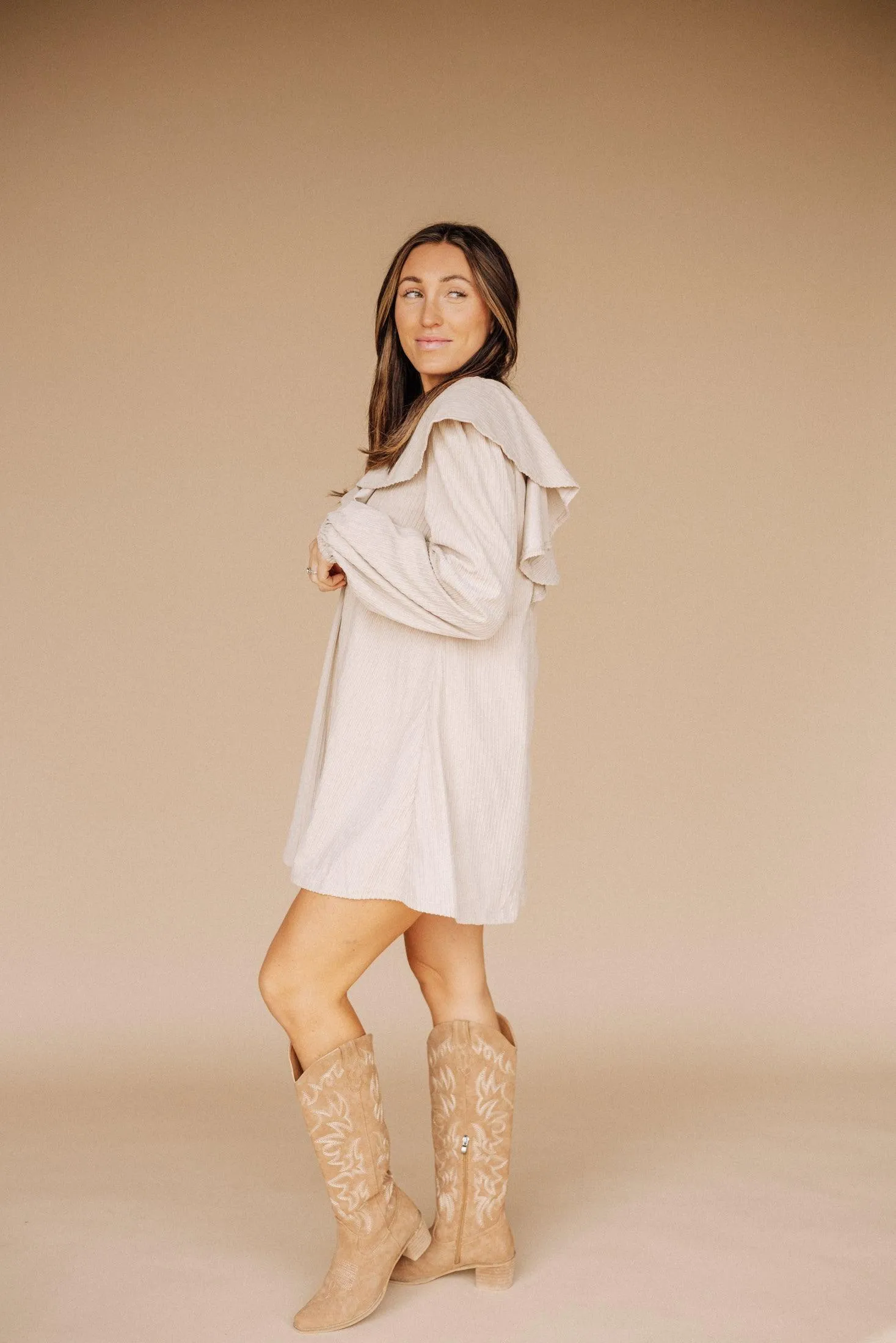 Hart Corduroy Ruffled Puff Sleeve Mini Dress in Taupe