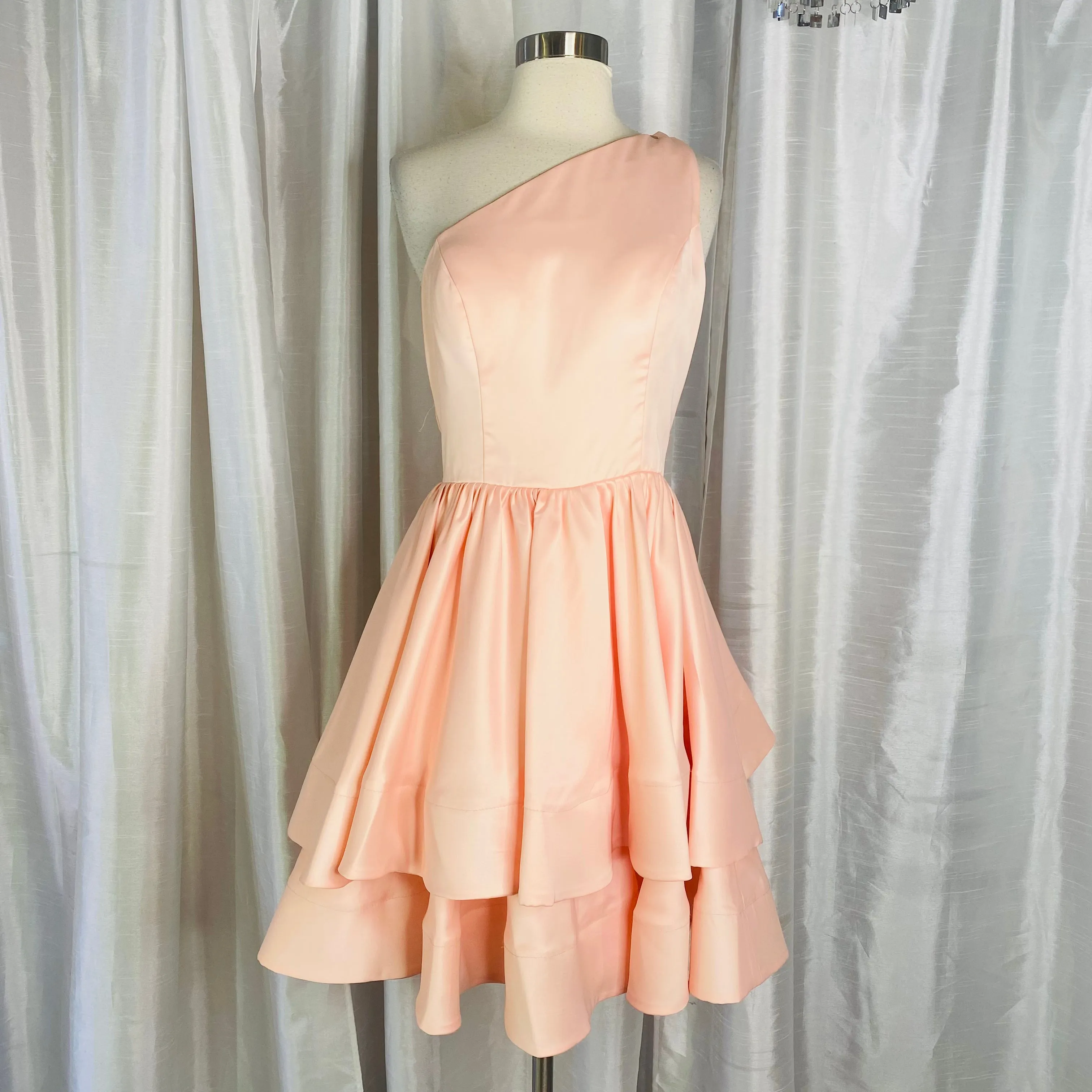 HEBEOS Candy Pink/Peach One-Shoulder Sleeveless Charmeuse Ruffles A-Line/Princess Short Dress Size 6 NWT