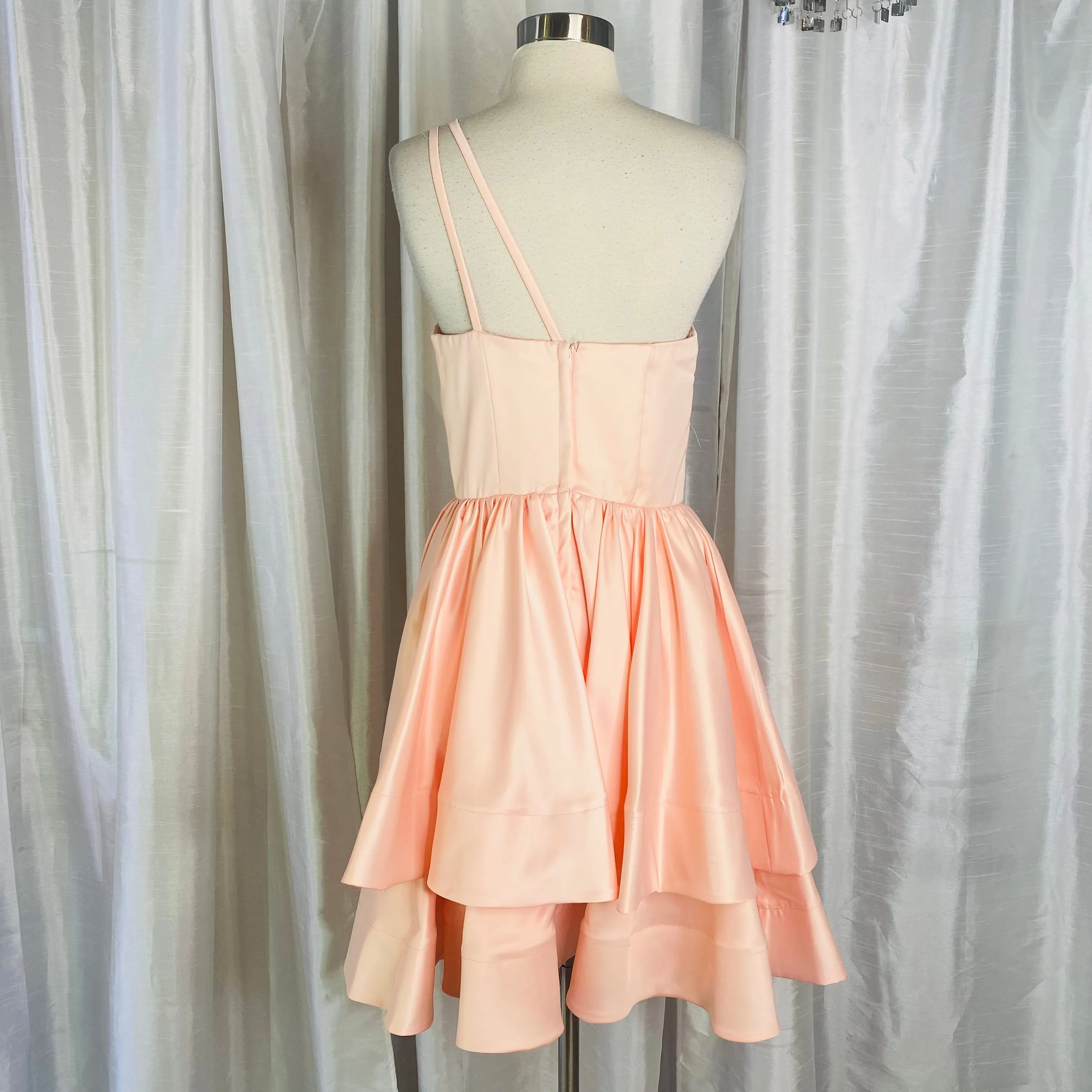 HEBEOS Candy Pink/Peach One-Shoulder Sleeveless Charmeuse Ruffles A-Line/Princess Short Dress Size 6 NWT