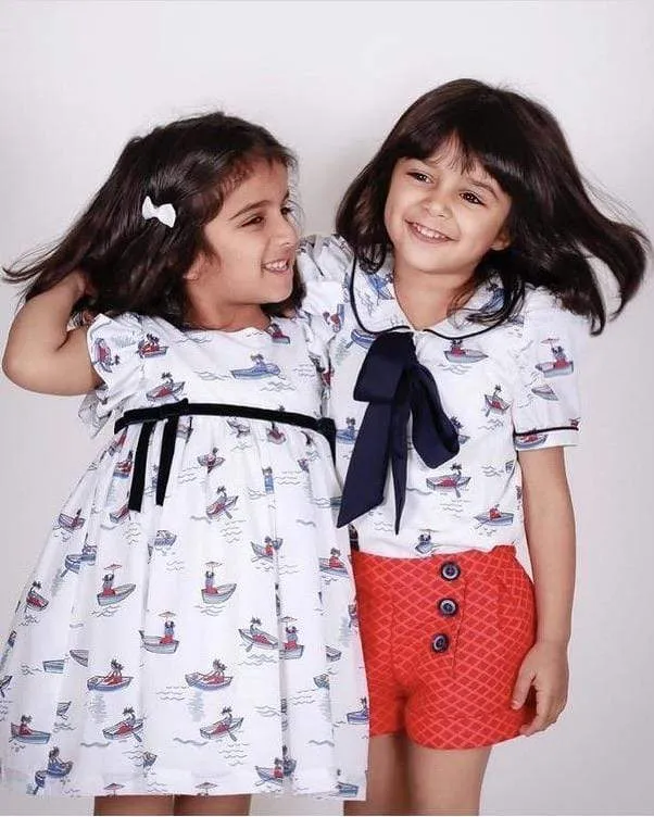 Henrietta: White boat print empire line dress