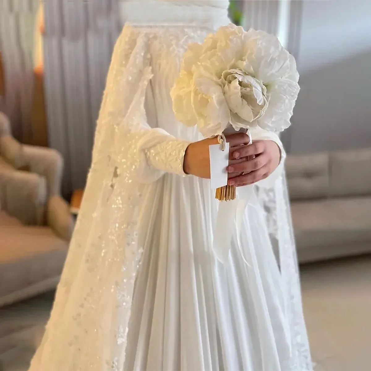 High Collar Dubai Exquisite Wedding Dress Long Cape Ruched Chiffon A Line Sparkle Beading Crystals Customized Bridal Gowns