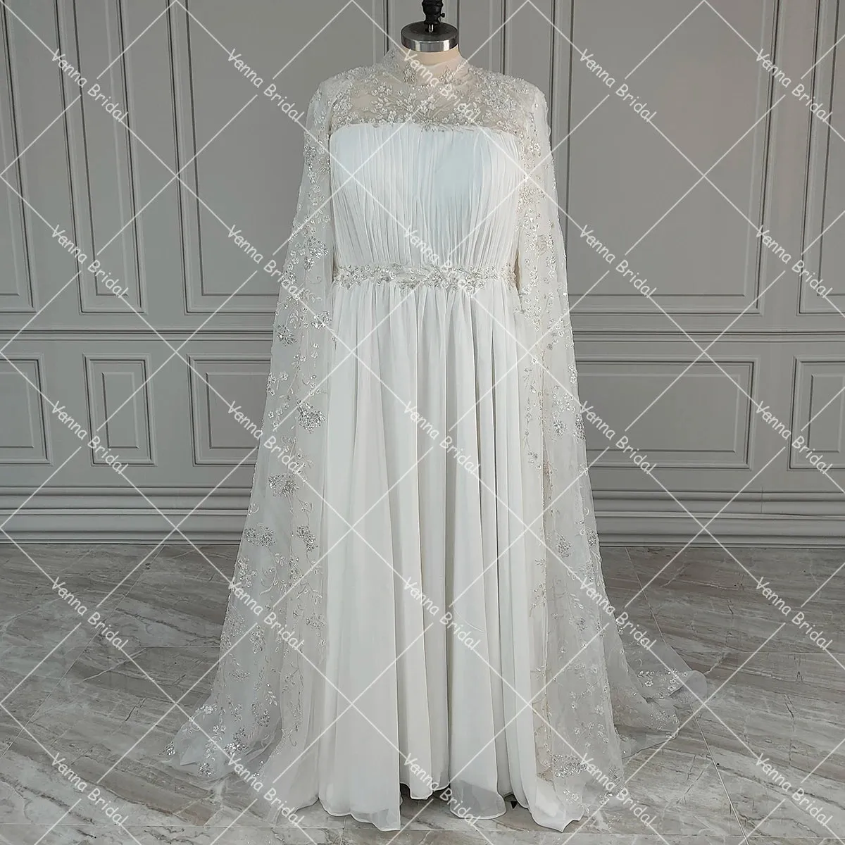 High Collar Dubai Exquisite Wedding Dress Long Cape Ruched Chiffon A Line Sparkle Beading Crystals Customized Bridal Gowns