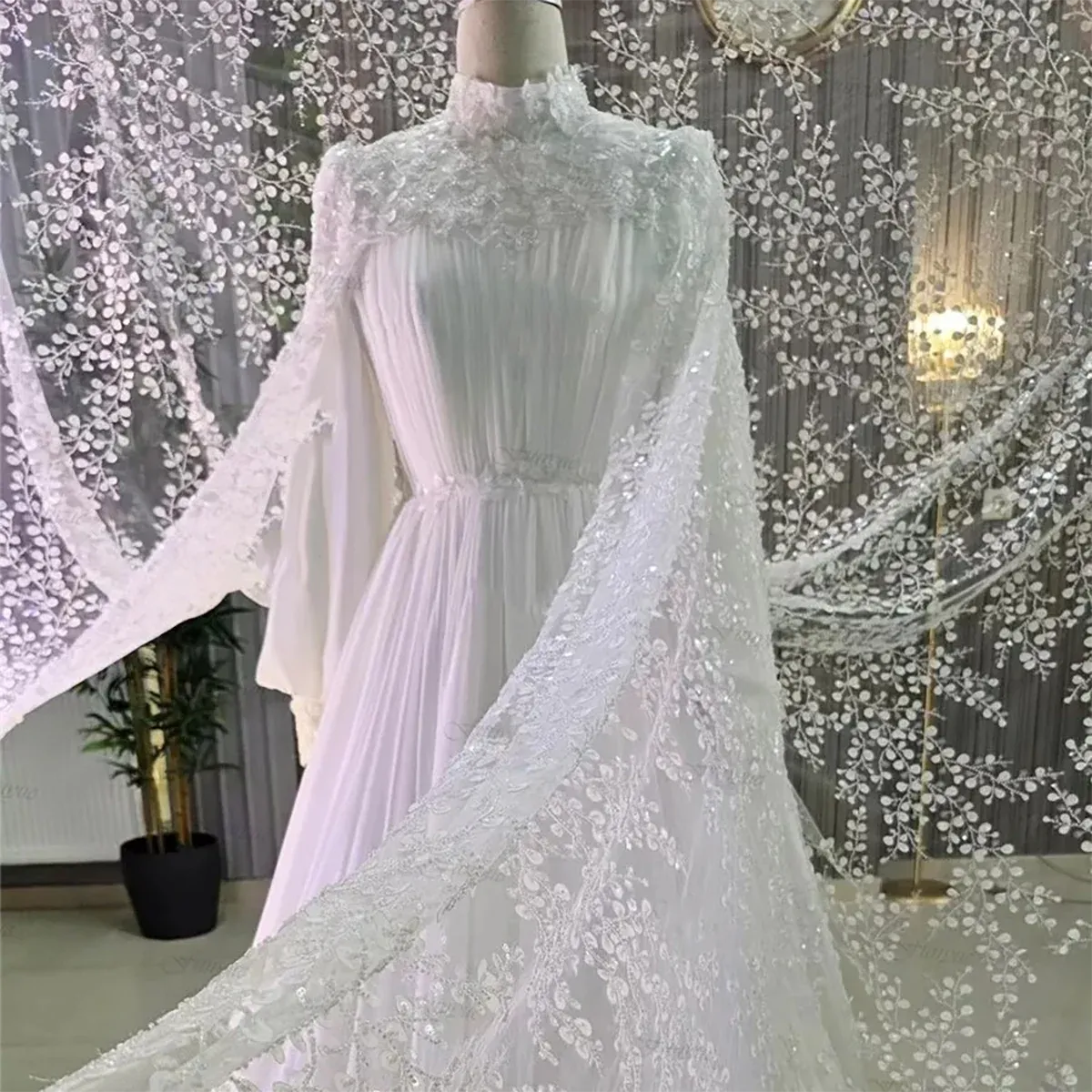 High Collar Dubai Exquisite Wedding Dress Long Cape Ruched Chiffon A Line Sparkle Beading Crystals Customized Bridal Gowns