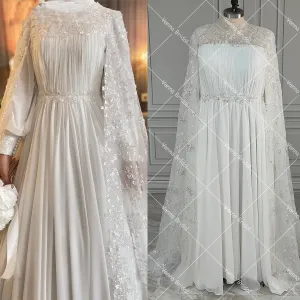 High Collar Dubai Exquisite Wedding Dress Long Cape Ruched Chiffon A Line Sparkle Beading Crystals Customized Bridal Gowns
