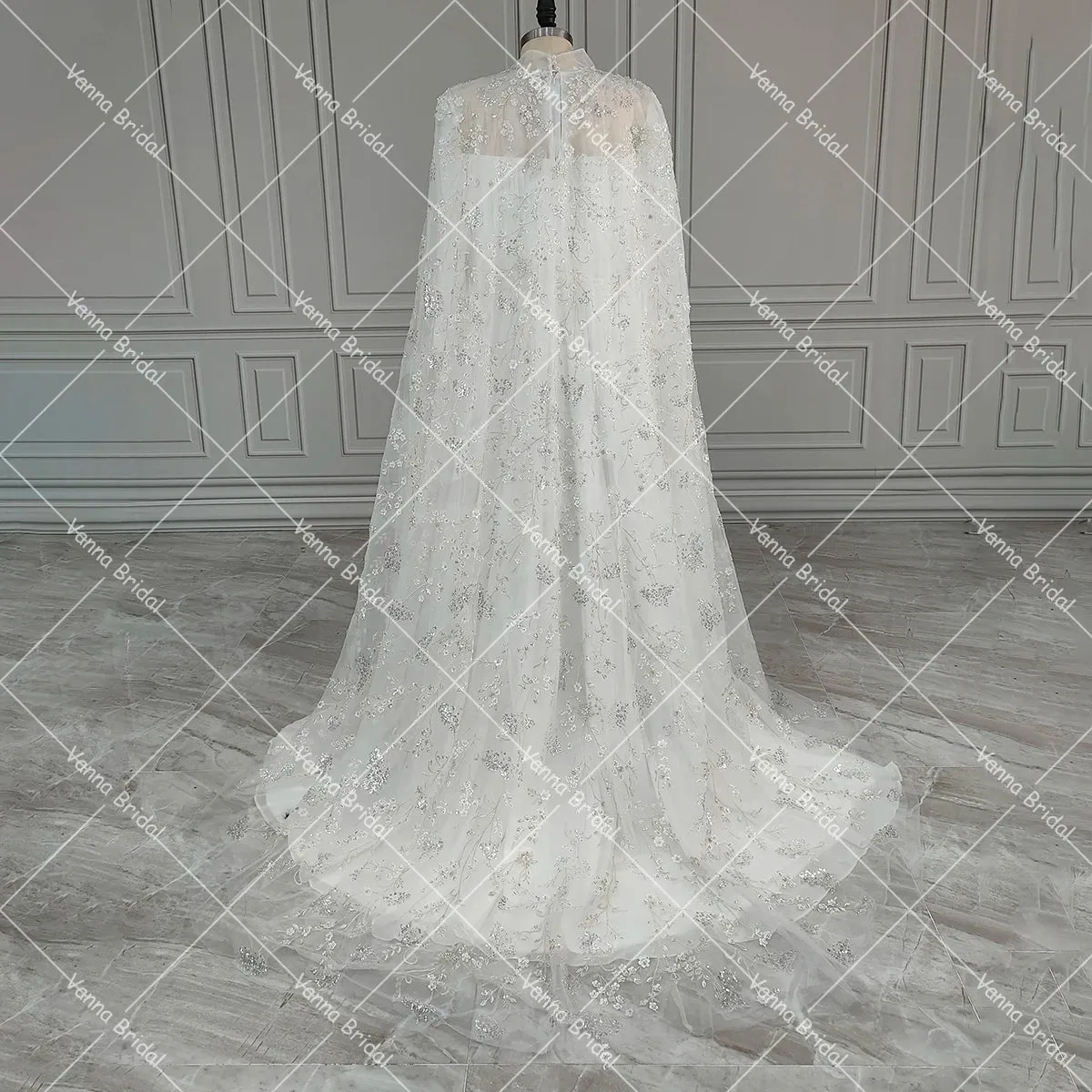 High Collar Dubai Exquisite Wedding Dress Long Cape Ruched Chiffon A Line Sparkle Beading Crystals Customized Bridal Gowns