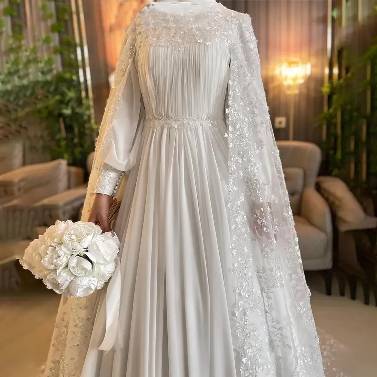 High Collar Dubai Exquisite Wedding Dress Long Cape Ruched Chiffon A Line Sparkle Beading Crystals Customized Bridal Gowns
