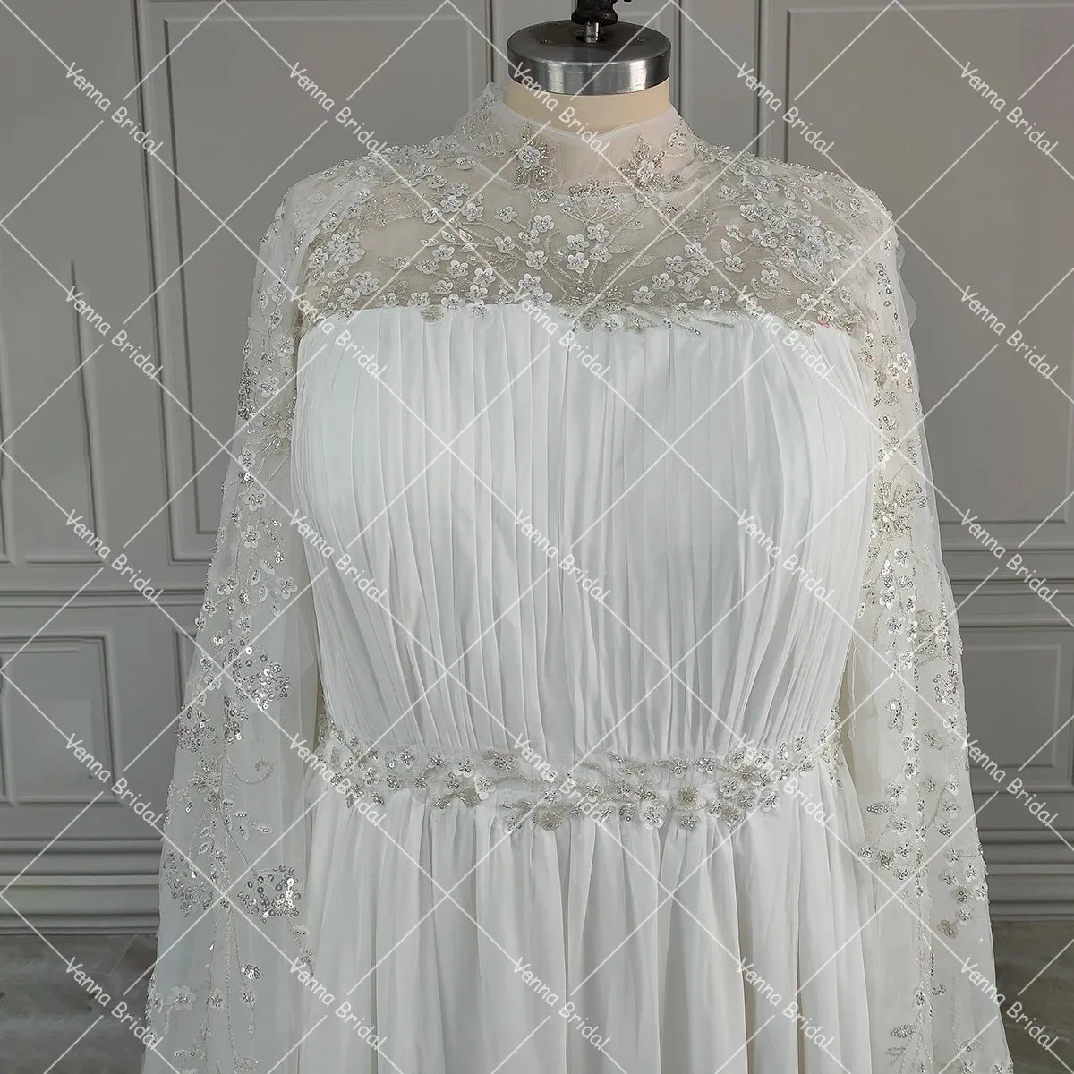 High Collar Dubai Exquisite Wedding Dress Long Cape Ruched Chiffon A Line Sparkle Beading Crystals Customized Bridal Gowns
