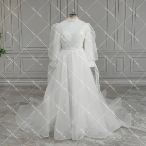 High Collar Long Puffy Sleeves Wedding Dress Muslim Dubai Closed Back Customized Sequins Beading Organza Modest Bridal Gowns