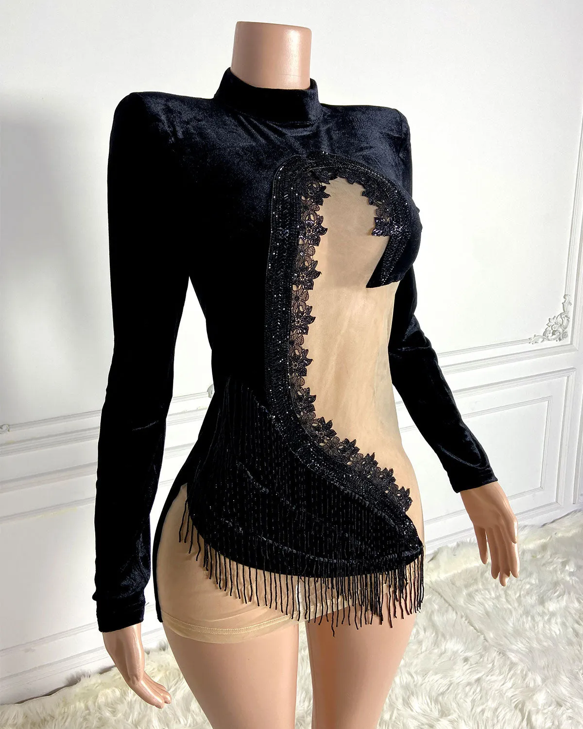 High Neck Diamente Embellished Mini Dress