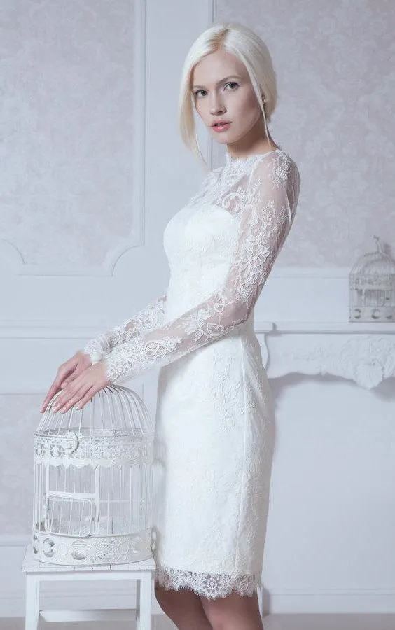 High Neck Long Sleeve Sheath Lace Knee Length Dress With Keyhole Back-ET_711005