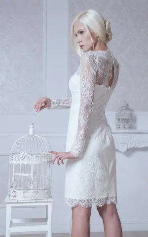 High Neck Long Sleeve Sheath Lace Knee Length Dress With Keyhole Back-ET_711005