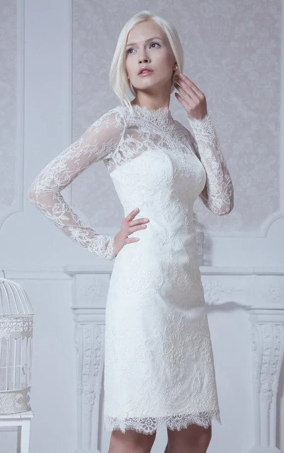 High Neck Long Sleeve Sheath Lace Knee Length Dress With Keyhole Back-ET_711005