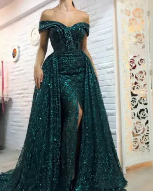 hunter green sparkle evening dresses 2020 off the shoulder detachable skirt elegant cheap evening gown