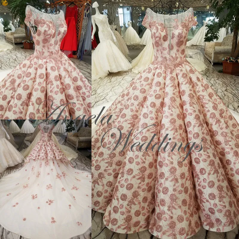 Illusion Neck Blush Pink Lace Ball Gown Evening Dresses 2018