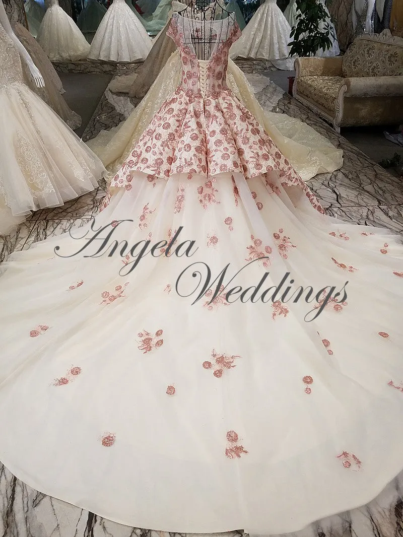 Illusion Neck Blush Pink Lace Ball Gown Evening Dresses 2018