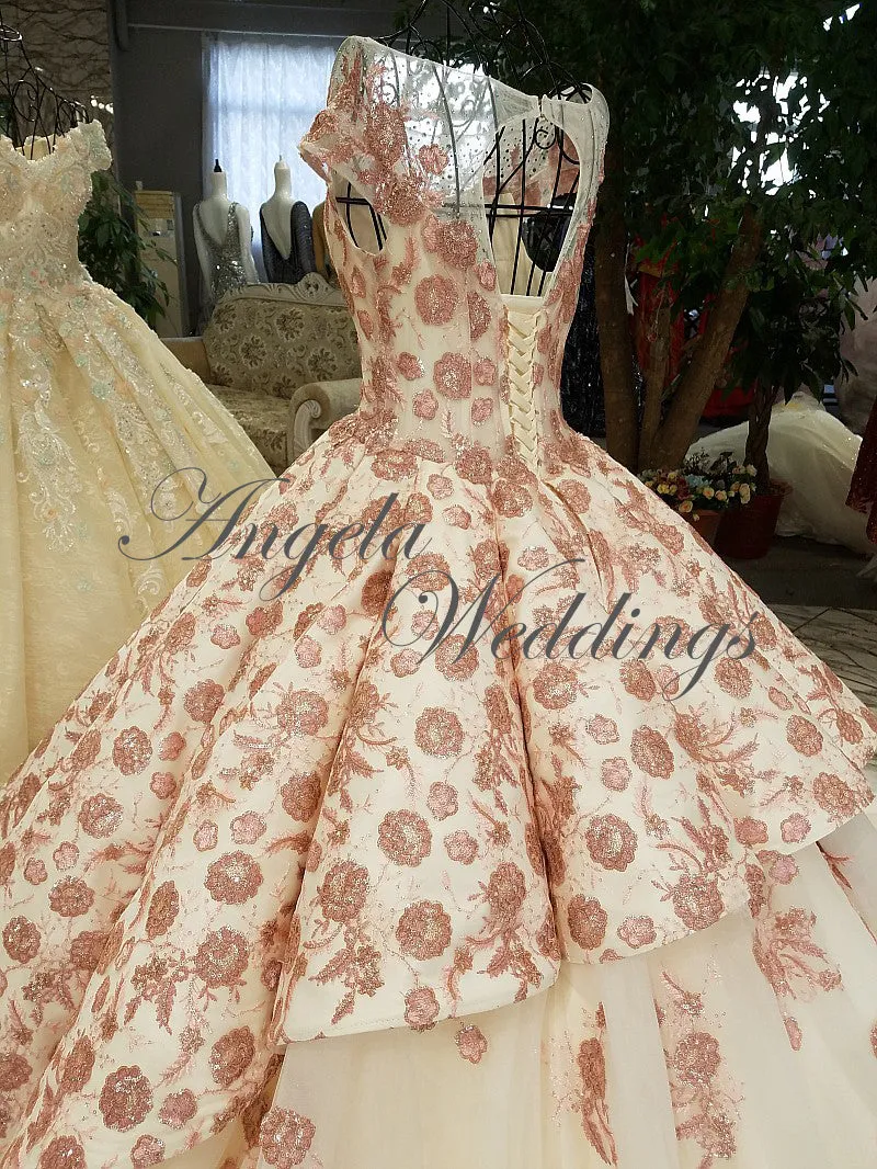 Illusion Neck Blush Pink Lace Ball Gown Evening Dresses 2018