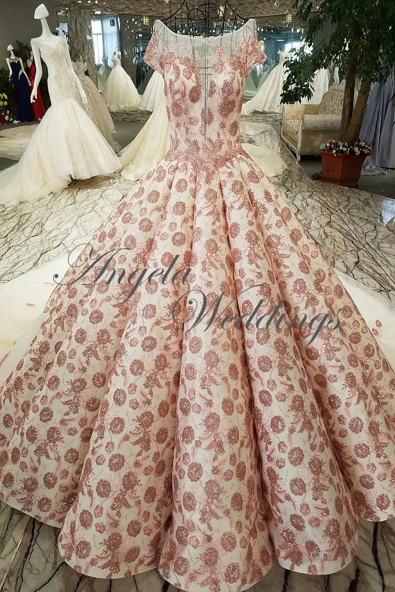 Illusion Neck Blush Pink Lace Ball Gown Evening Dresses 2018