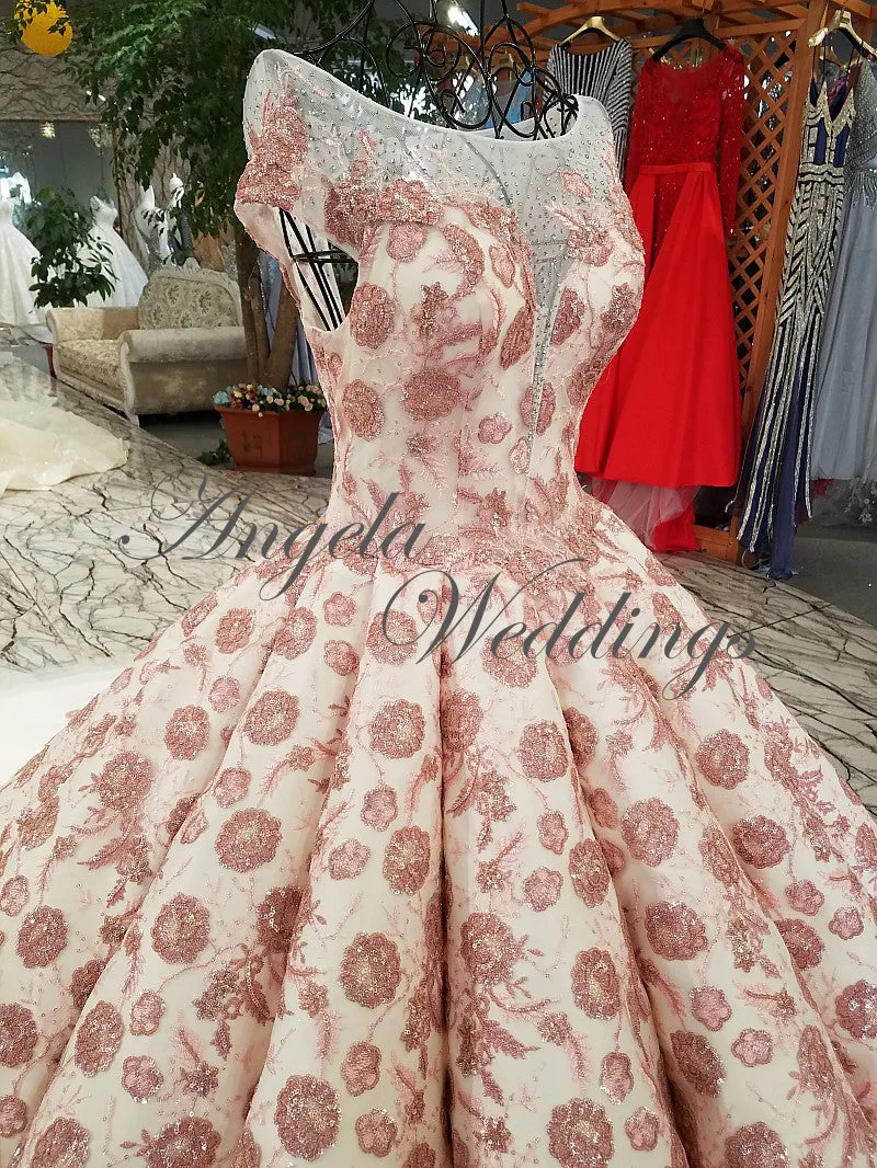 Illusion Neck Blush Pink Lace Ball Gown Evening Dresses 2018