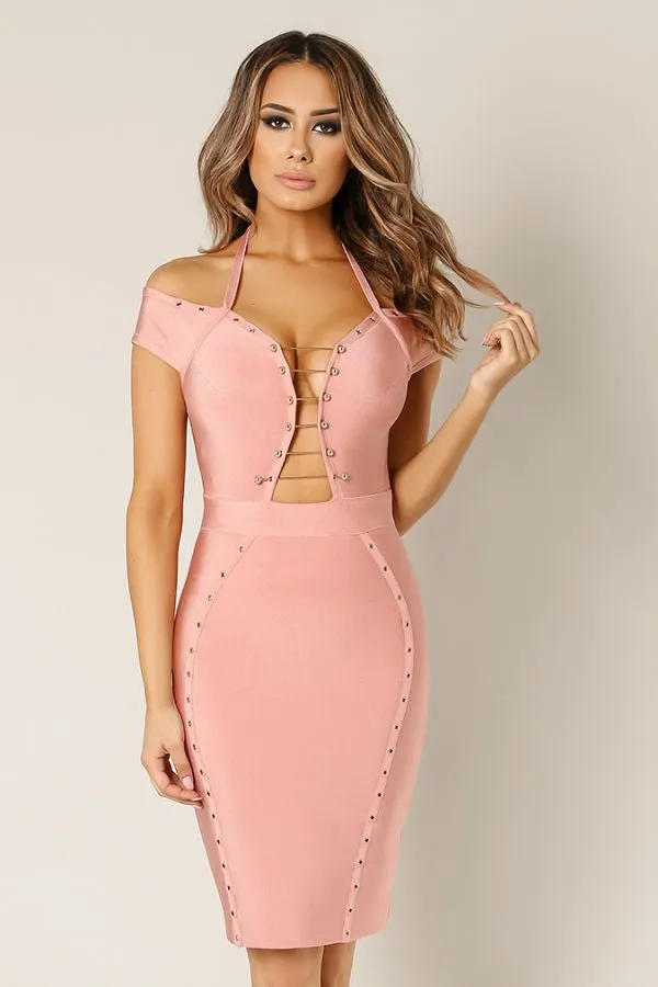 Itallia Metal Trim Off Shoulder Bandage Dress - White
