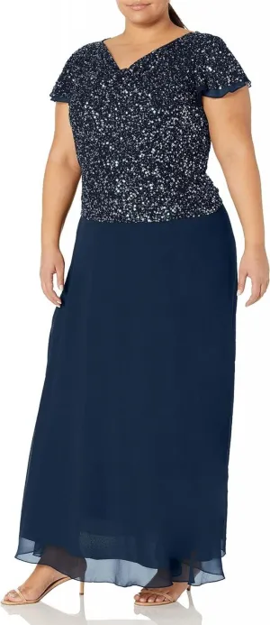 J Kara Womens Petite Long Beaded Cowl Neck Flutter Sleeve Gown Dress  Blue  8P