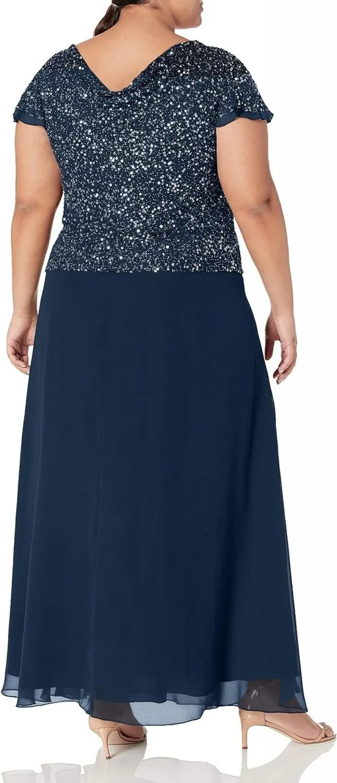 J Kara Womens Petite Long Beaded Cowl Neck Flutter Sleeve Gown Dress  Blue  8P