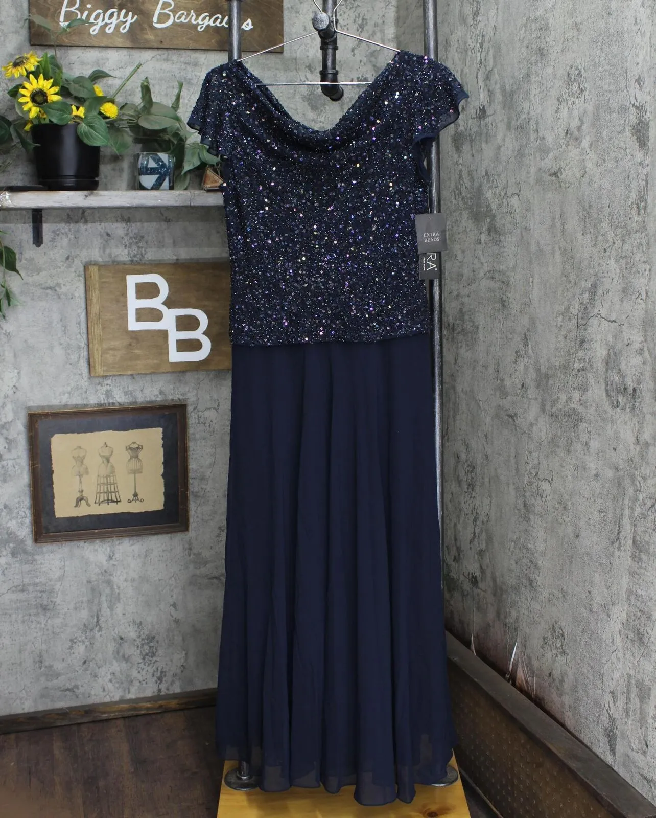 J Kara Womens Petite Long Beaded Cowl Neck Flutter Sleeve Gown Dress  Blue  8P