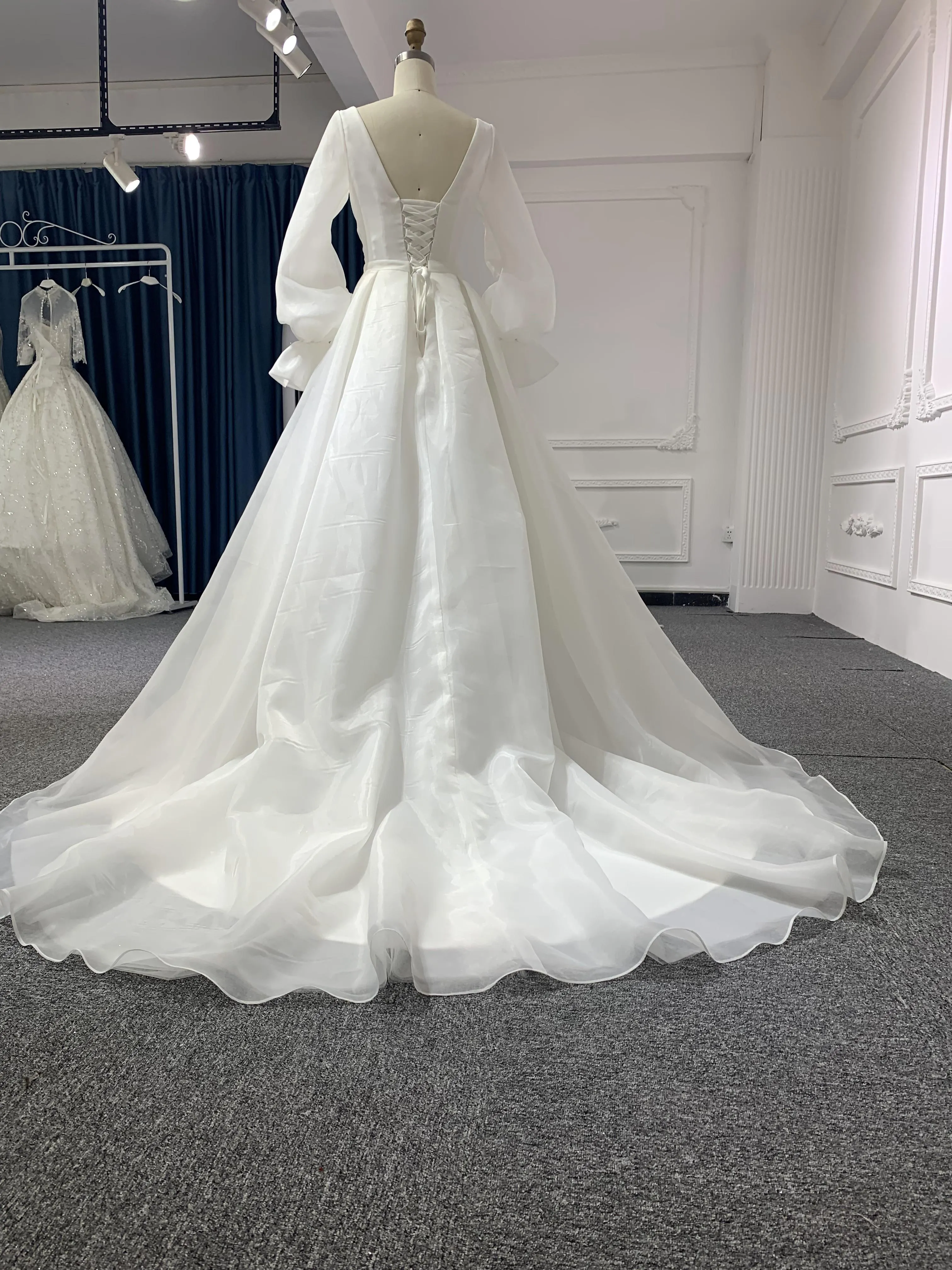 J44-Long Sleeve Organza A-line Plain Style Wedding Dress