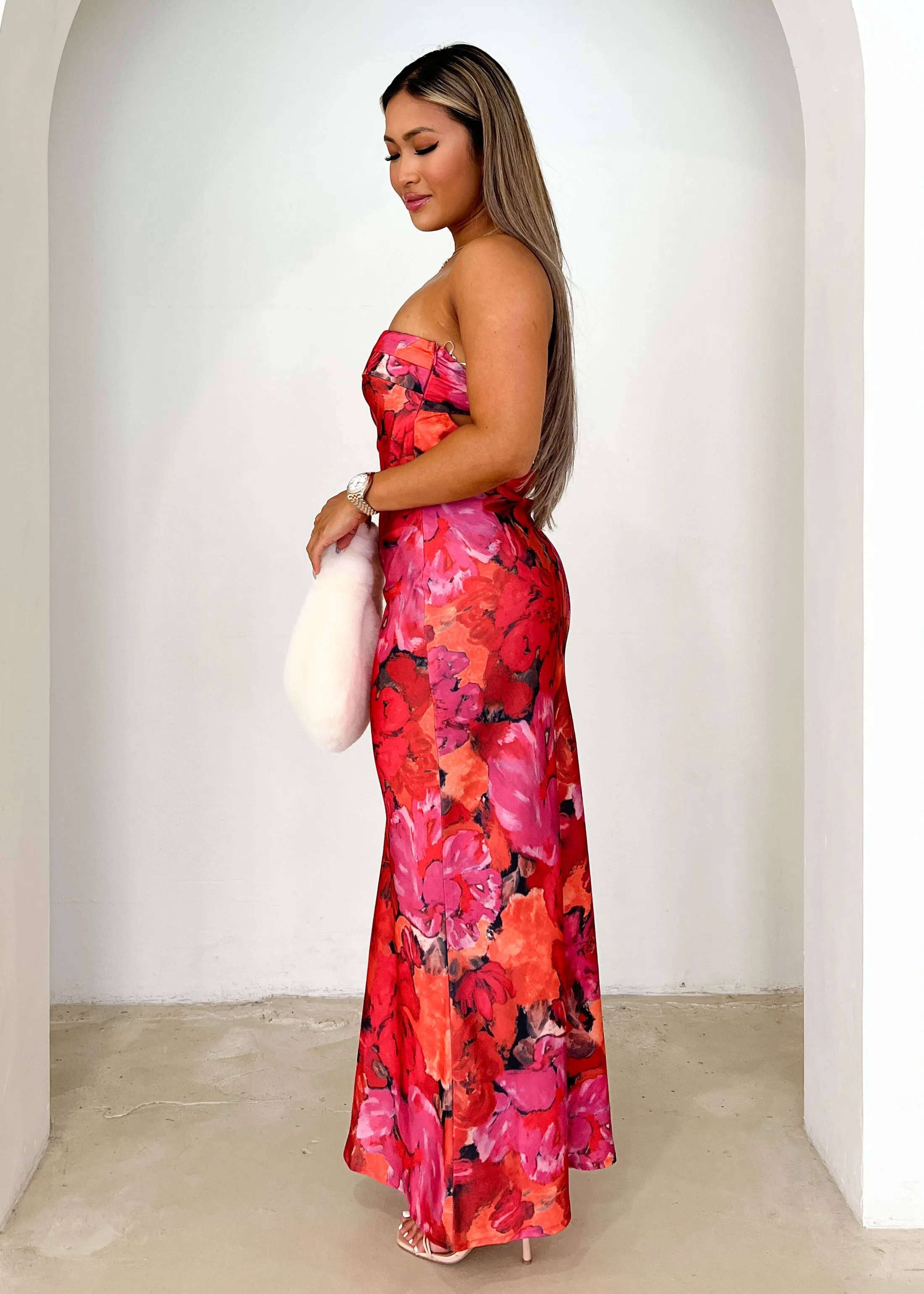 Jamie Strapless Midi Dress - Red Flowers