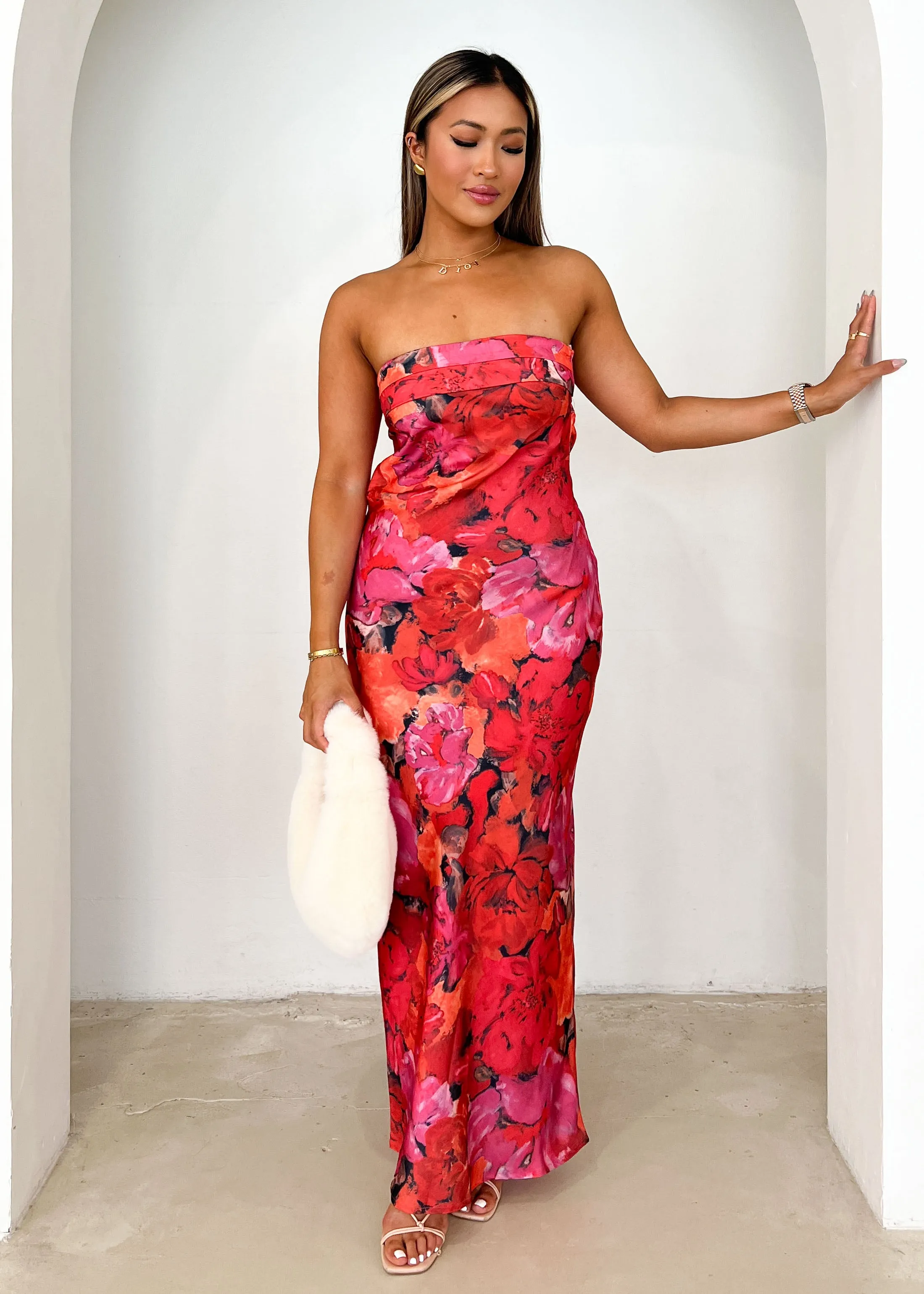 Jamie Strapless Midi Dress - Red Flowers