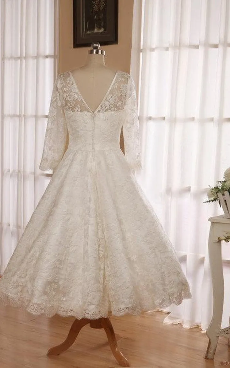 Jewel 3 4 Length Sleeve Low V Back Tea Length Lace Wedding Dress-711187