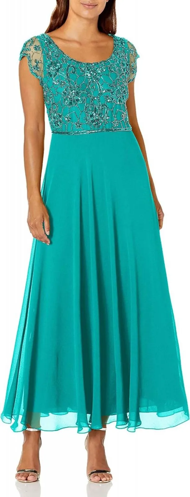 JKara Women's Petite Long Gown Embellished Dress Aqua Blue / Mercury 6P