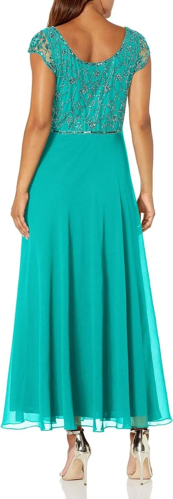 JKara Women's Petite Long Gown Embellished Dress Aqua Blue / Mercury 6P