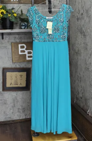 JKara Women's Petite Long Gown Embellished Dress Aqua Blue / Mercury 6P