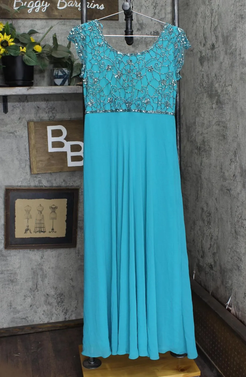 JKara Women's Petite Long Gown Embellished Dress Aqua Blue / Mercury 6P