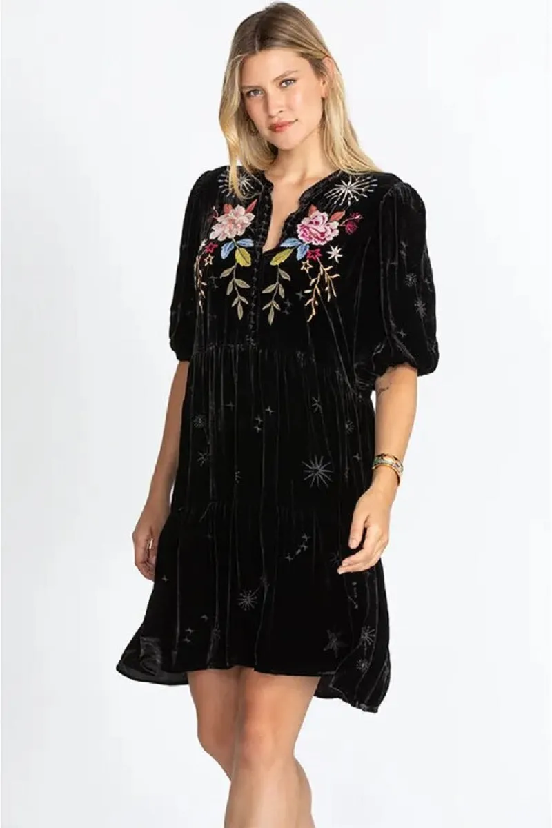 Johnny Was Celestine Velvet Puff Sleeve Floral Black Dress Flowers Embroidery NEW