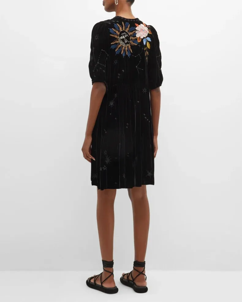 Johnny Was Celestine Velvet Puff Sleeve Floral Black Dress Flowers Embroidery NEW