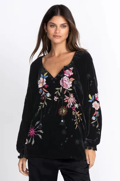Johnny Was Celestine Velvet Puff Sleeve Floral Black Dress Flowers Embroidery NEW