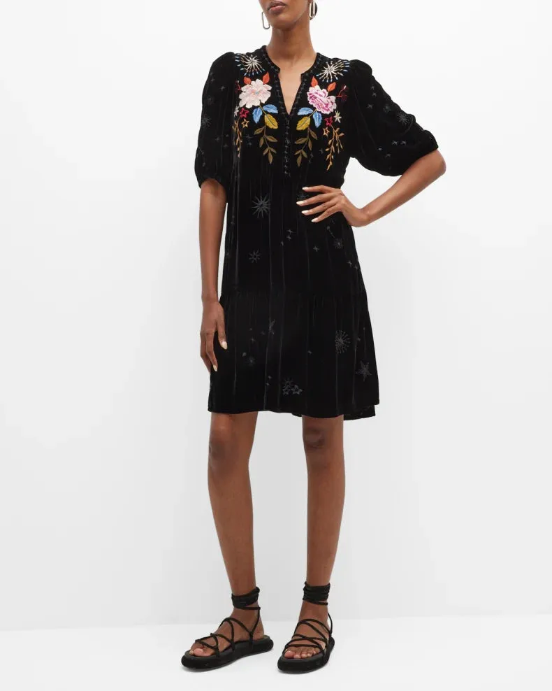 Johnny Was Celestine Velvet Puff Sleeve Floral Black Dress Flowers Embroidery NEW