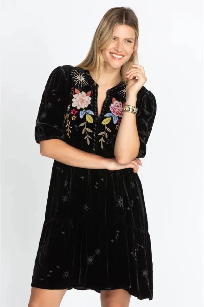 Johnny Was Celestine Velvet Puff Sleeve Floral Black Dress Flowers Embroidery NEW