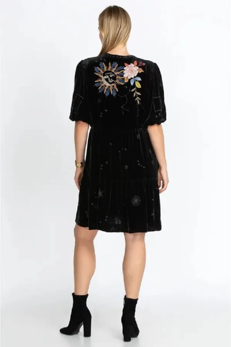 Johnny Was Celestine Velvet Puff Sleeve Floral Black Dress Flowers Embroidery NEW