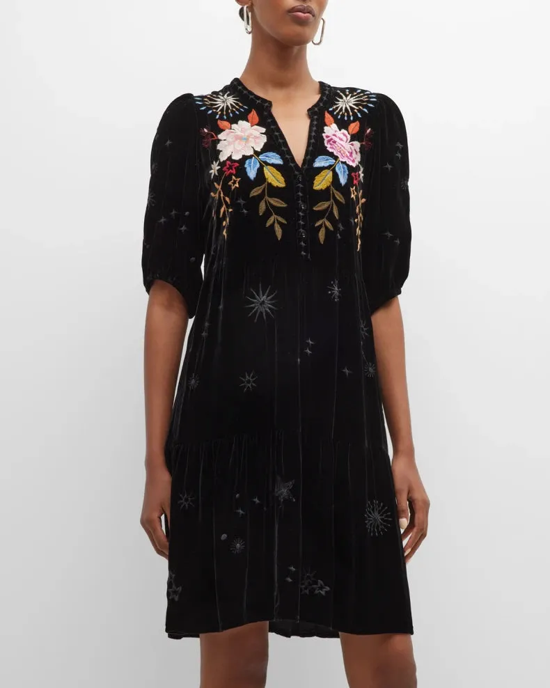Johnny Was Celestine Velvet Puff Sleeve Floral Black Dress Flowers Embroidery NEW