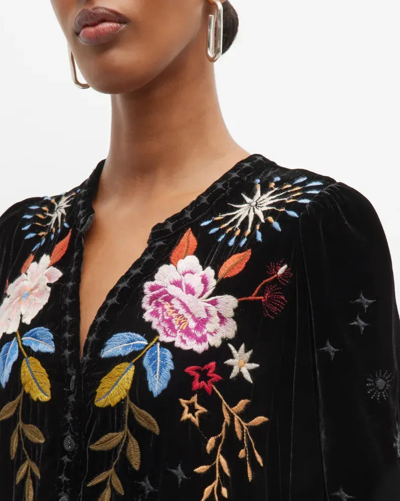 Johnny Was Celestine Velvet Puff Sleeve Floral Black Dress Flowers Embroidery NEW