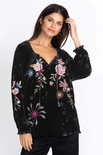 Johnny Was Celestine Velvet Puff Sleeve Floral Black Dress Flowers Embroidery NEW
