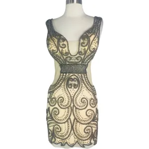 JOVANI 25454 Gray & Nude V-Neck Beaded Lace Short Dress Size 2