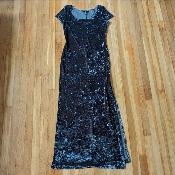 JSC Blue Grey velvet short sleeve maxi slit dress