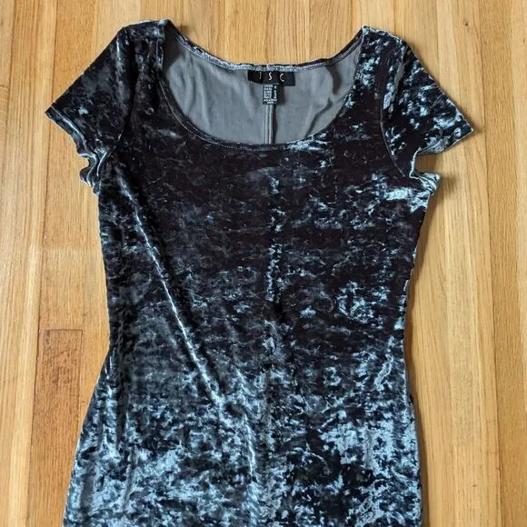 JSC Blue Grey velvet short sleeve maxi slit dress